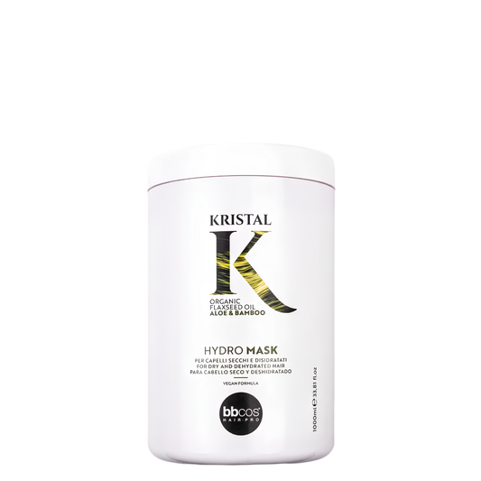 Máscara hidratante Kristal Hydro de BBCOS en envase de 1000 ml, tratamiento capilar para fortalecer y nutrir el cabello.