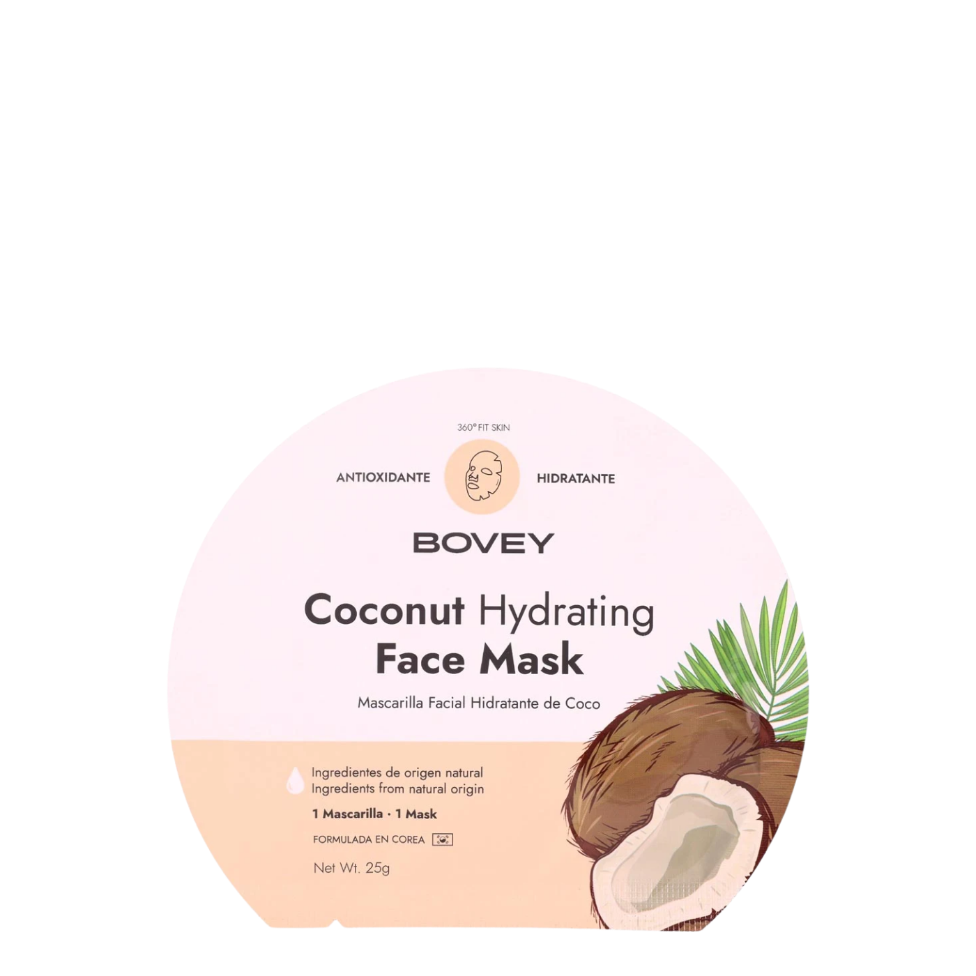 Mascarilla facial hidratante de coco Bovey en sobre, con textura cremosa y aroma a coco para una piel nutritiva y suave.