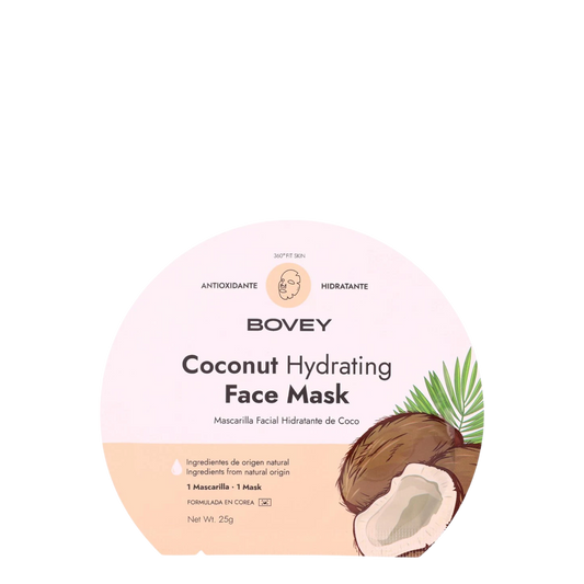 Mascarilla facial hidratante de coco Bovey en sobre, con textura cremosa y aroma a coco para una piel nutritiva y suave.