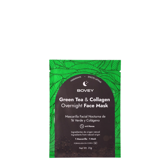 Mascarilla facial nocturna Bovey con té verde y colágeno, ideal para cuidado antiedad y rejuvenecimiento de la piel.
