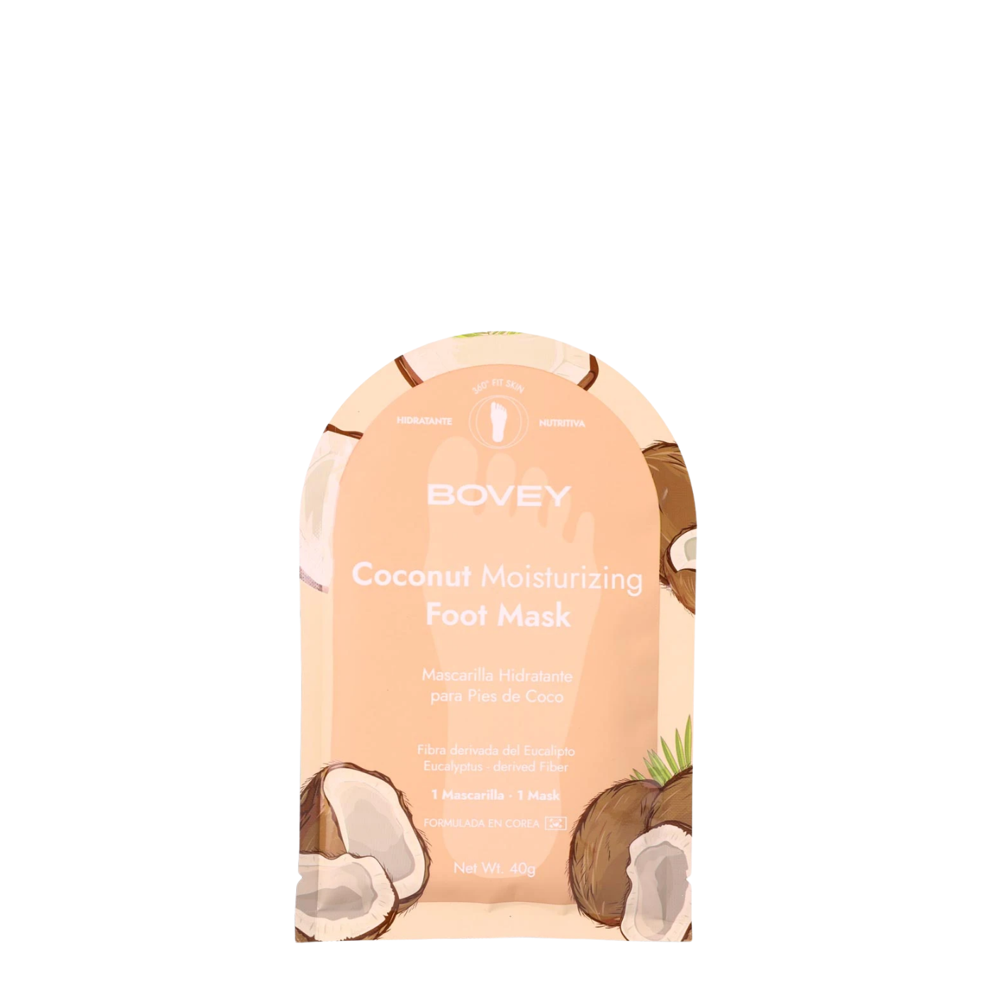 Mascarilla hidratante para pies de coco Bovey, con textura cremosa y ingredientes naturales para suavizar y cuidar la piel de los pies.