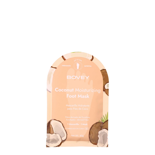 Mascarilla hidratante para pies de coco Bovey, con textura cremosa y ingredientes naturales para suavizar y cuidar la piel de los pies.