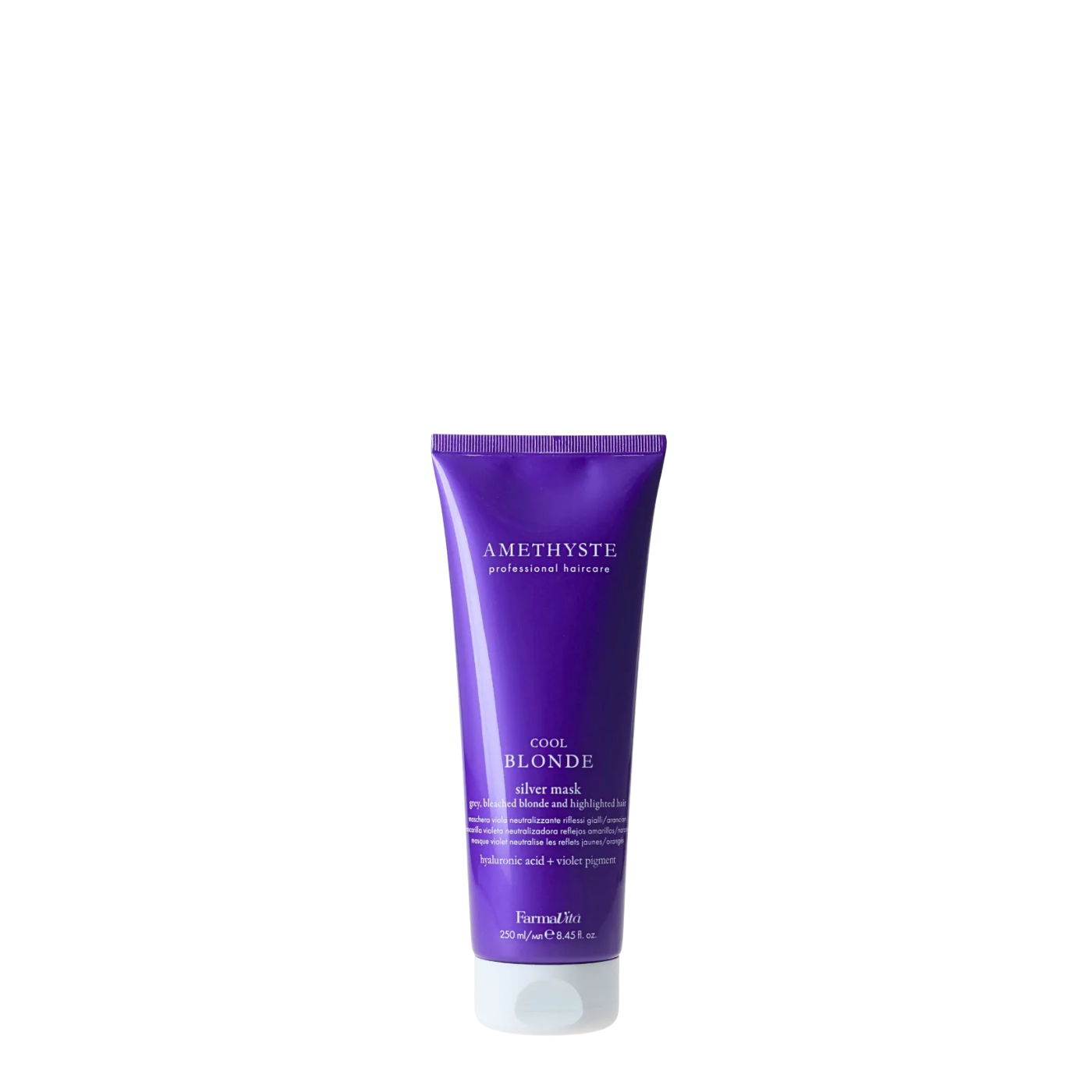 Pote de 250 ml de la mascara matizadora Amethyste Silver de Farmavita, tratamiento nutricional y violeta anti-amarillo para cabello rubio, platinado y canas.