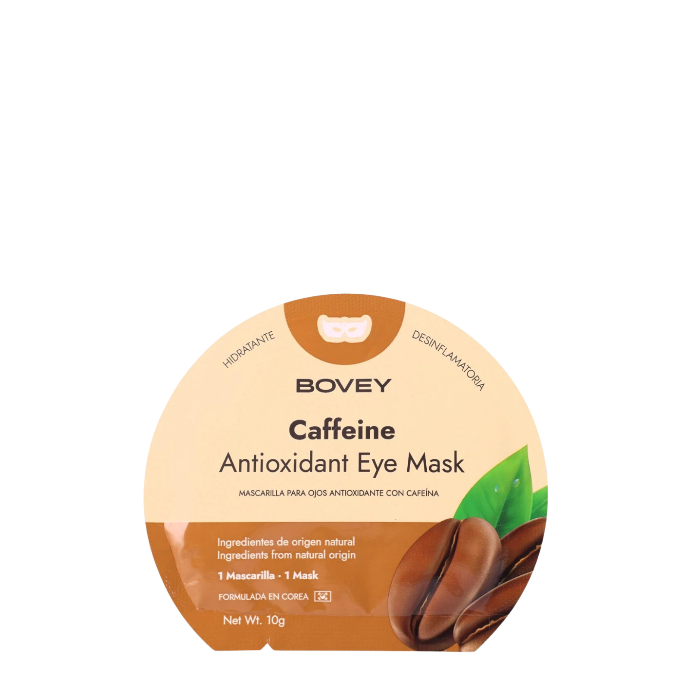 Mascarilla facial antioxidante con cafeína de Bovey para ojos, energizante y rejuvenecedora, en un envase blanco y aplicador.