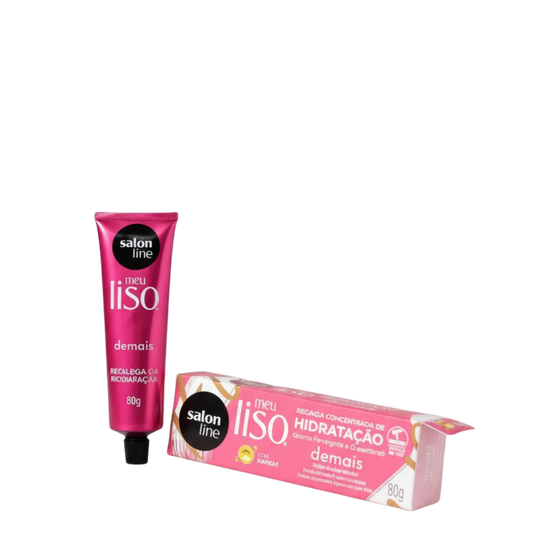 Crema recarga de hidratación Salon Line Meu Liso Demais 80 g en envase blanco con tapa, para tratamiento capilar hidratante
