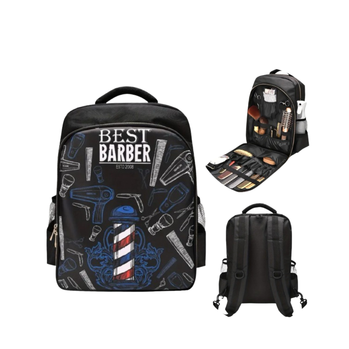 Mochila para barbería Casa Belleza, mochila de tamaño mediano con compartimentos para herramientas de barbería en color negro.