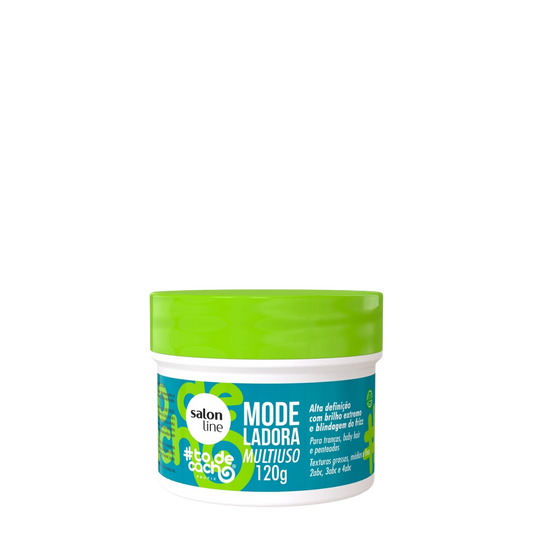 Pote de 120 g de la pomada Modeladora Multiuso #todecacho de Salon Line, fijador con efecto brillo para peinados, fijación de baby hair y control del frizz en cabello rizado.
