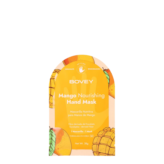 Mascarilla nutritiva para manos de mango Bovey, crema hidratante y reparadora en envase blanco con mango fresco.