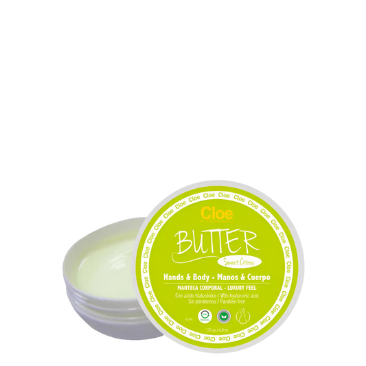 Pote de 170 g de Manteca Corporal Butter Sweet Citrus de Cloe Professional para manos y cuerpo, crema premium con ácido hialurónico y libre de parabenos.
