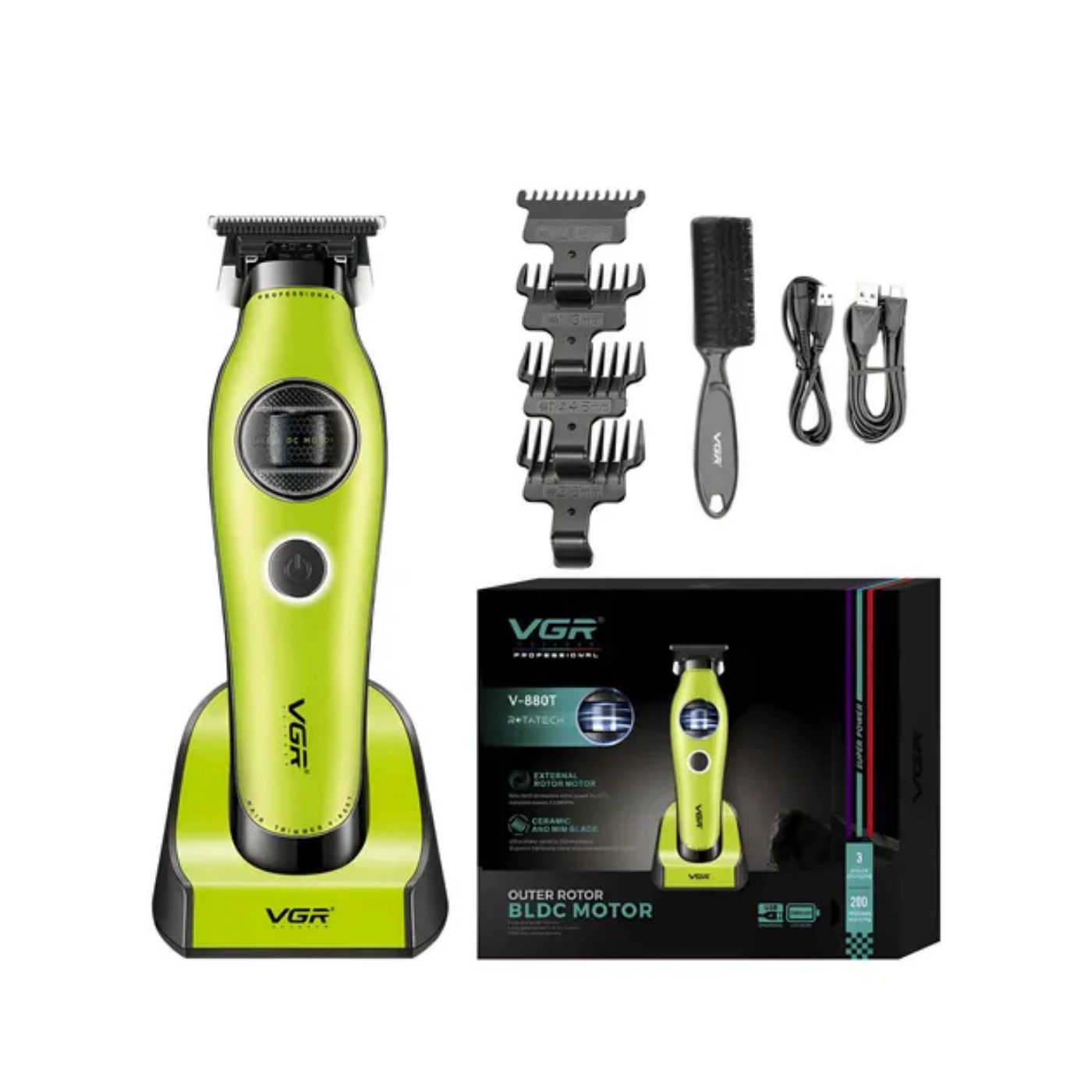 Set profesional de barbería inalámbrico VGR Barber V-880T que incluye máquina de corte clipper y patillera trimmer con pantallas LED informativas