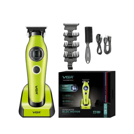 Set profesional de barbería inalámbrico VGR Barber V-880T que incluye máquina de corte clipper y patillera trimmer con pantallas LED informativas