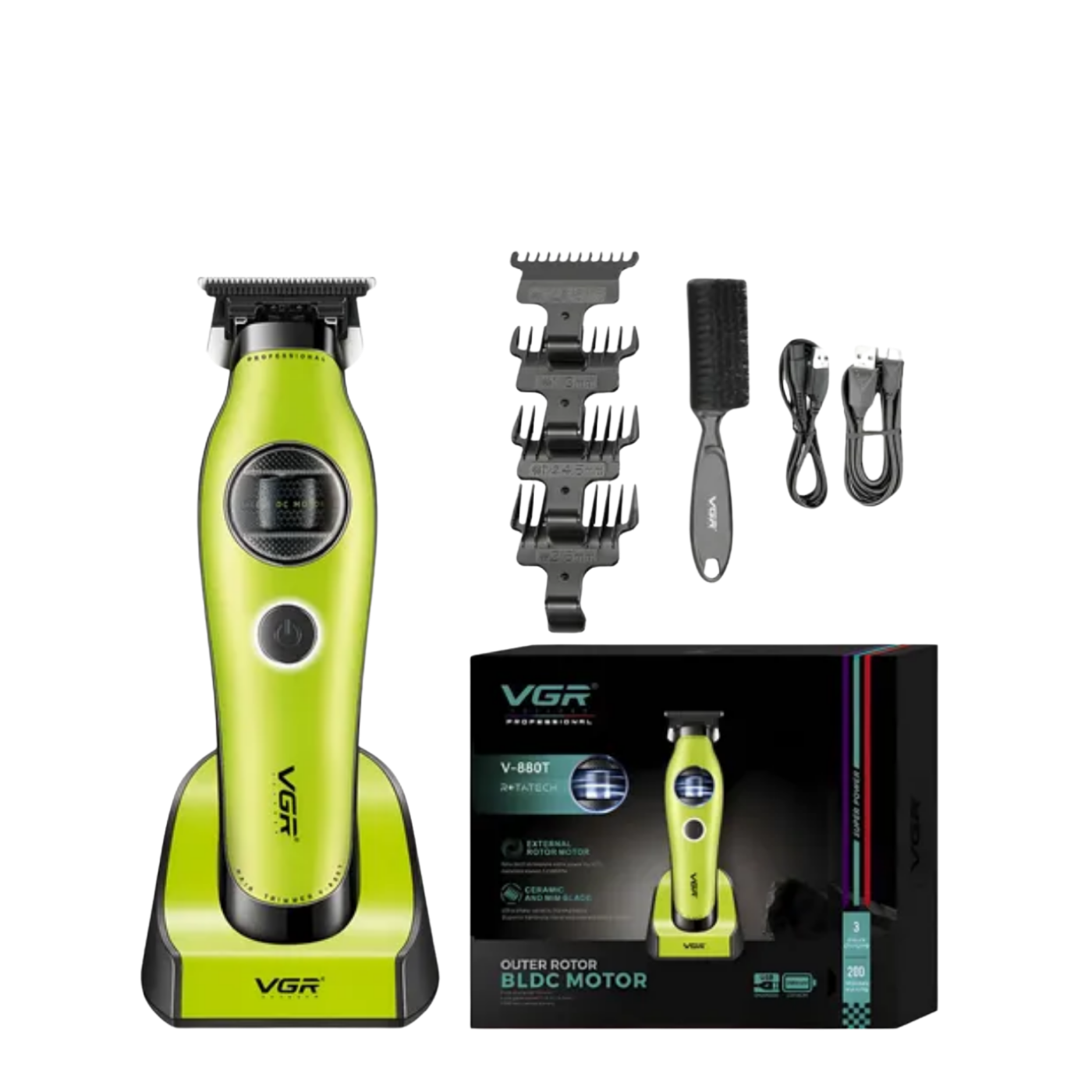 Máquina de corte y patillera Lin Xiong VGR V-880T para barbería, con accesorios y diseño ergonómico en la imagen.