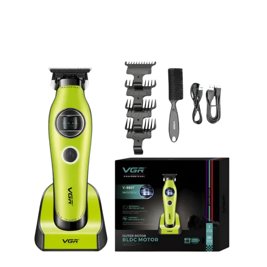 Máquina de corte y patillera Lin Xiong VGR V-880T para barbería, con accesorios y diseño ergonómico en la imagen.
