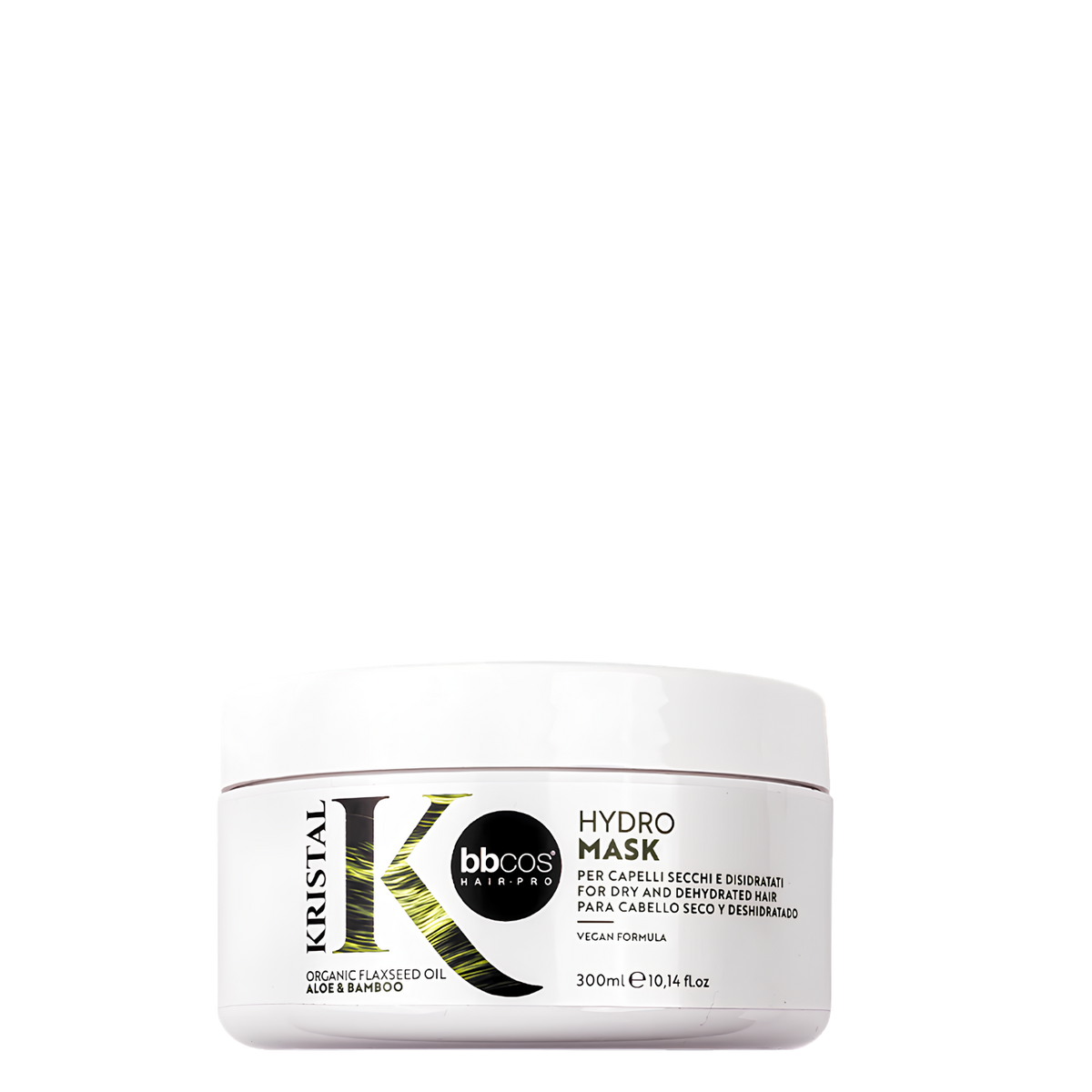 Máscara hidratante Kristal Basic Hydro de BBCOS en envase de 300 ml, tratamiento para cabello con fórmula hidratante y nutritiva