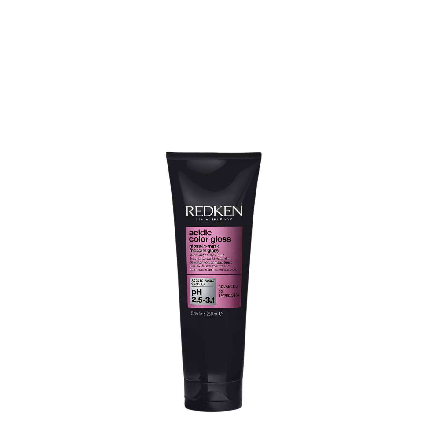 Envase de 250 ml de Máscara de Brillo Acidic Color Gloss 1 Minuto de la marca Redken, tratamiento express de pH ácido para sellar cutículas y aportar brillo espejo al cabello teñido.
