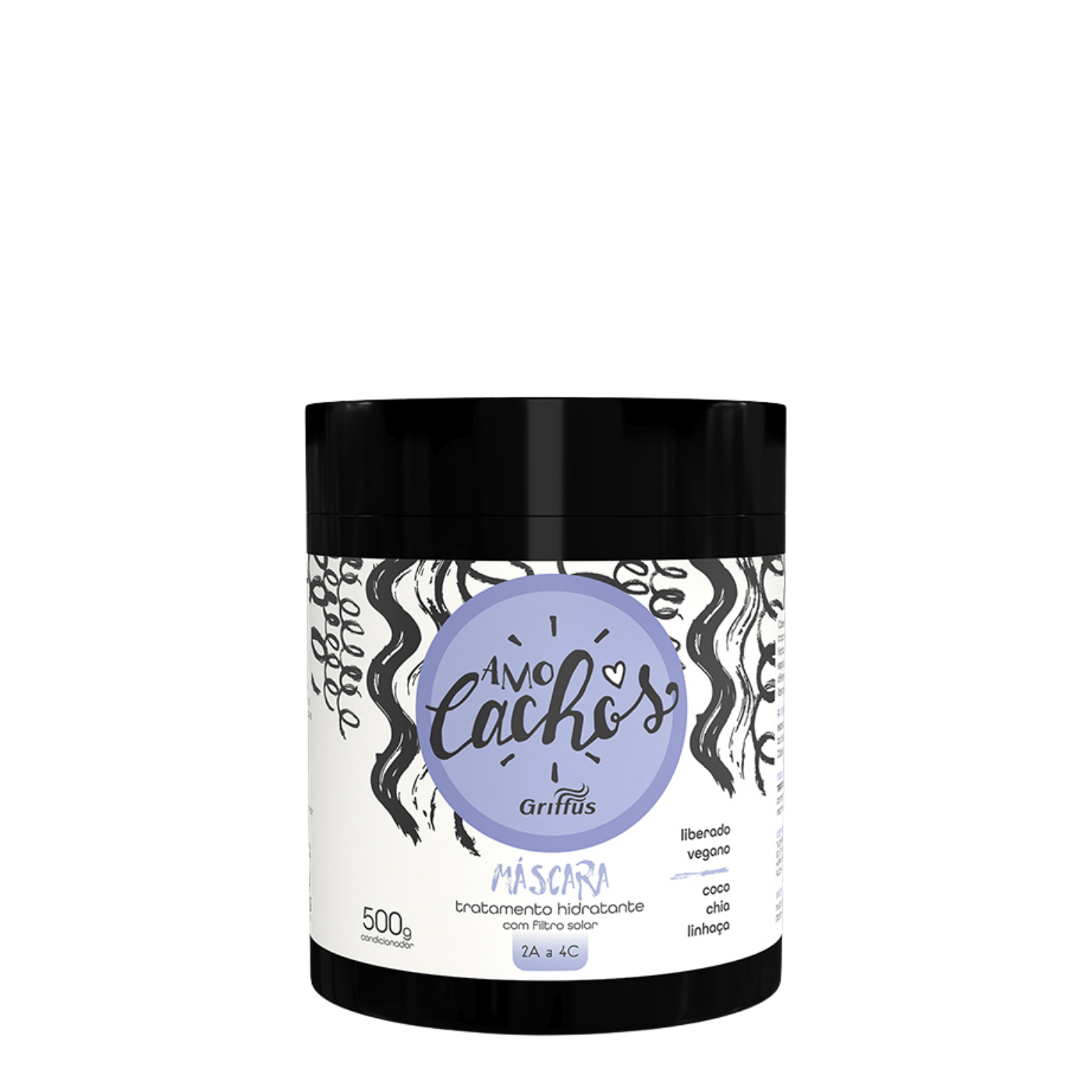 Pote de 500 g de Máscara de Tratamiento Amo Cachos de la marca Griffus, tratamiento capilar intensivo brasileño liberado para la hidratación, nutrición y definición de cabellos rizados y crespos.