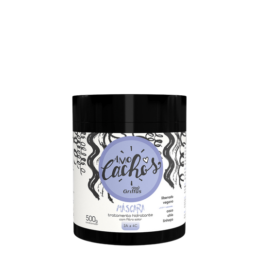 Pote de 500 g de Máscara de Tratamiento Amo Cachos de la marca Griffus, tratamiento capilar intensivo brasileño liberado para la hidratación, nutrición y definición de cabellos rizados y crespos.