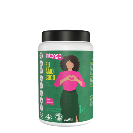 Máscara de tratamiento Griffus Eu Amo Coco, acondicionador capilar en envase de 1 kg con ingredientes de coco para cuidado del cabello.