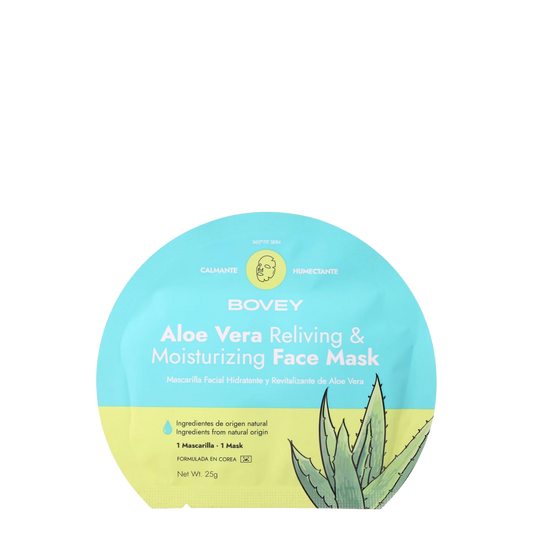Mascarilla facial hidratante y revitalizante de Aloe Vera Bovey, con textura suave y acabado fresco en la piel.