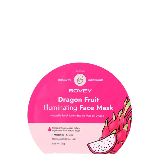 Sobre de Mascarilla Facial Iluminadora de Fruta del Dragón Bovey, formato sheet mask de tela para el cuidado antioxidante y aumento de brillo en la piel del rostro.