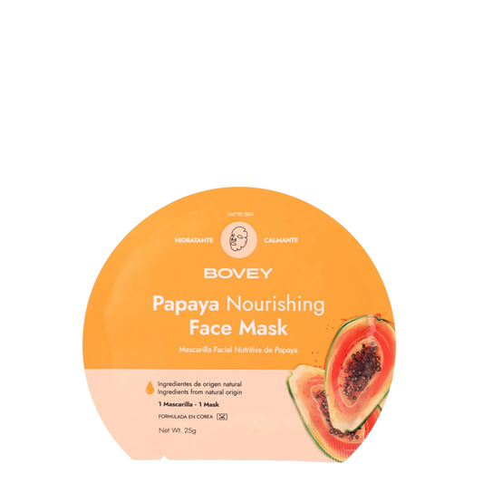 Sobre de Mascarilla Facial Nutritiva de Papaya Bovey, formato sheet mask de tela para el cuidado, nutrición y luminosidad de la piel del rostro.