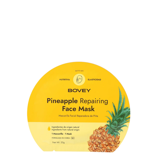 Sobre de Mascarilla Facial Reparadora de Piña Bovey, formato sheet mask de tela para el cuidado, renovación de la textura y luminosidad de la piel del rostro.