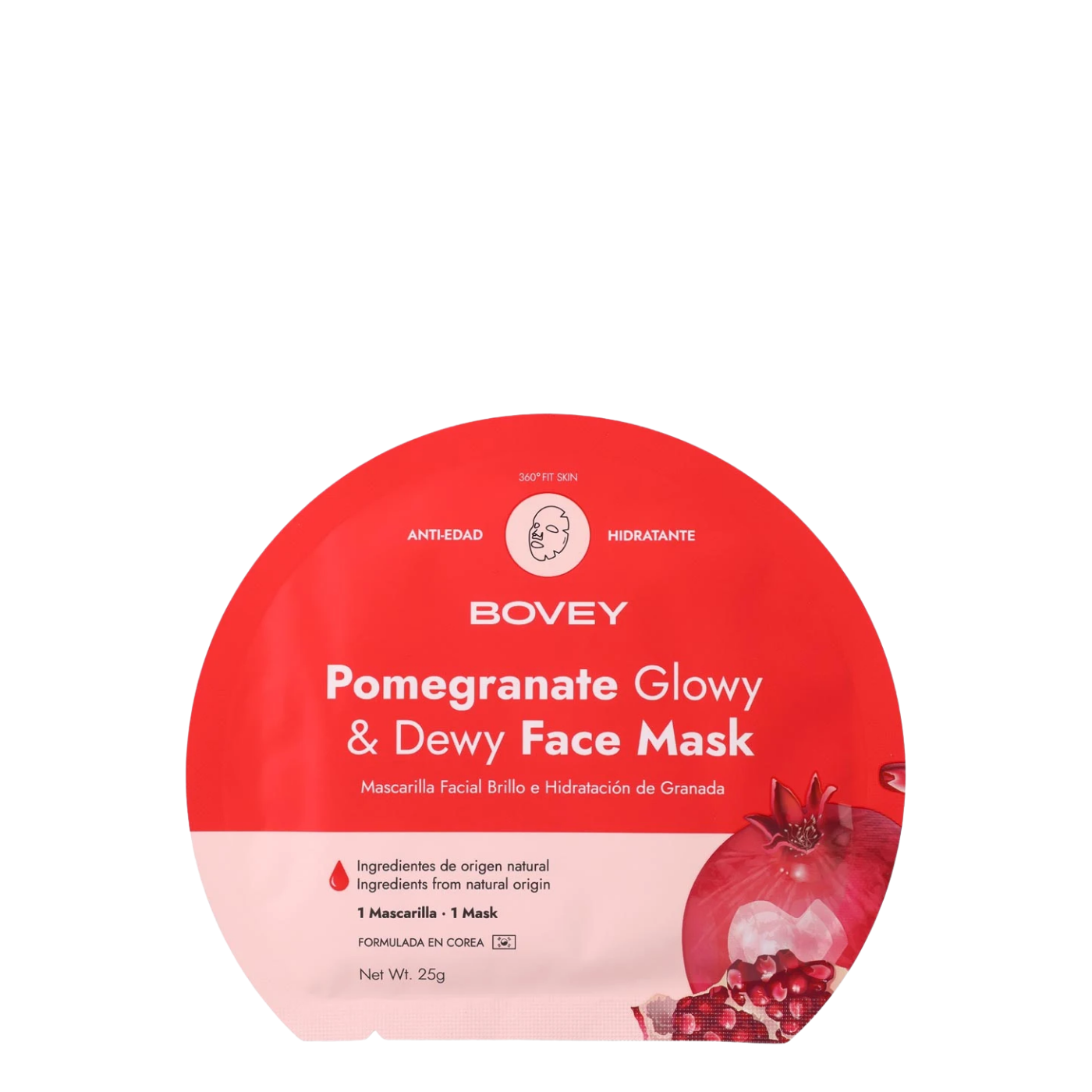 Mascarilla facial de Granada Bovey para brillo e hidratación, con textura cremosa y ingredientes naturales, en envase blanco.