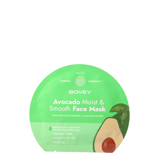Mascarilla facial hidratante y suavizante de palta Bovey, con ingredientes nutritivos para piel saludable y radiante.