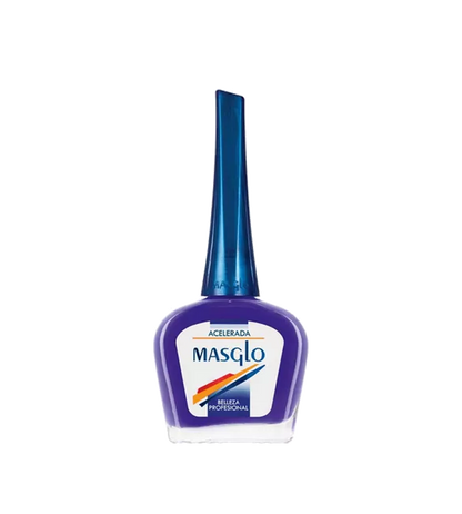 Esmalte Masglo A-F en tono acelerado, frasco de 135ml con etiqueta azul y detalles blancos, para uñas.