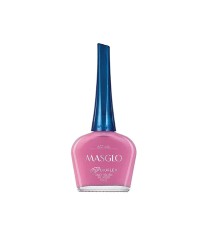 Esmalte Masglo A-F en un frasco con color rosa suave y brillo, mostrando la textura y el diseño del envase.
