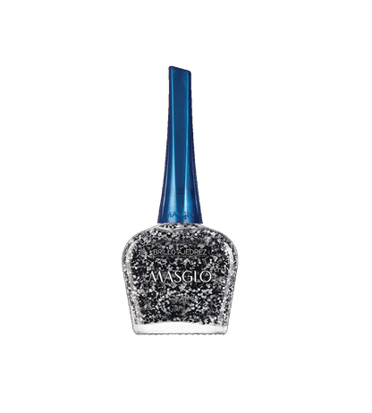 Esmalte Masglo A-F en frascos con diseño de ajedrez, tonos variados para uñas, en envase de vidrio con tapa negra.