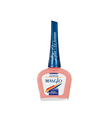 Esmalte Masglo A-F en tono amorosa, con frasco de esmalte de color rosa y etiqueta visible.