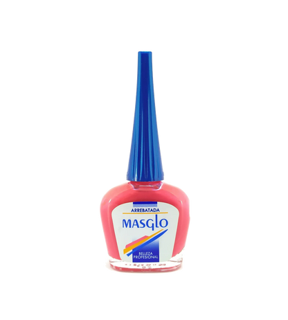 Esmalte Masglo A-F en tono arrebatada, botella con esmalte de color rojo intenso y brillo brillante.