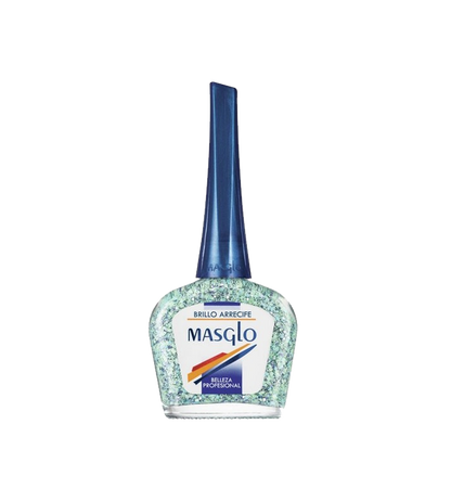 Esmalte Masglo A-F en tono arrecife, frasco con color coral y tapa plateada, para manicura y cuidado de uñas.