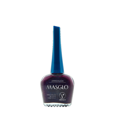 Esmalte Masglo A-F en frasco con color vibrante y brillo brillante, mostrando la textura y el diseño del envase.