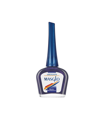 Esmalte Masglo A-F en tono arrogante, con frasco de esmalte y etiqueta visible, en un fondo neutro
