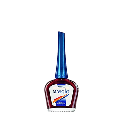 Esmalte Masglo A-F en frasco, con diseño de artista, muestra el color y la textura del esmalte para uñas.