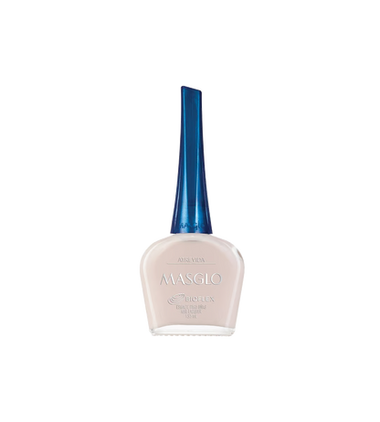 Esmalte Masglo A-F de color atrevido en frasco con tapa plateada, muestra el esmalte en una mano con uñas bien cuidadas