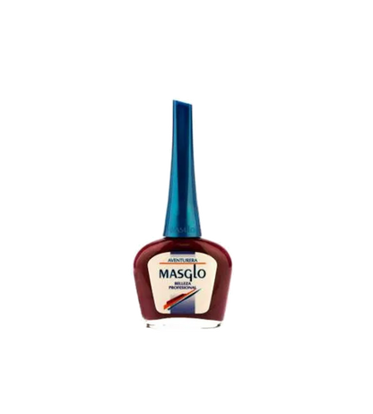 Esmalte Masglo A-F en tono aventurera, frasco de esmalte con color vibrante y logotipo de la marca Masglo.