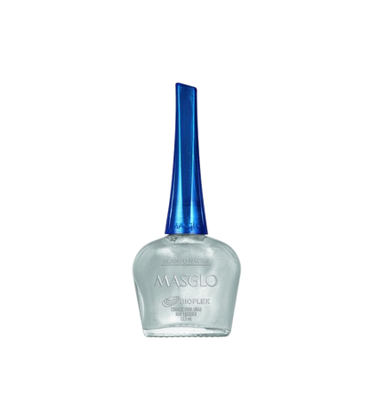 Esmalte Masglo A-F en tono blanco, frasco con tapa plateada, diseño moderno y elegante para uñas.