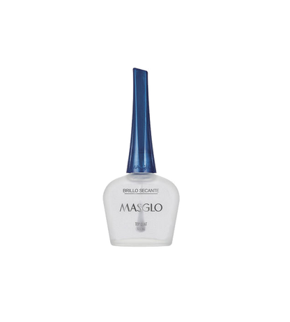 Esmalte Masglo A-F con acabado brillante y secante, en botella con diseño colorido y tapón negro.