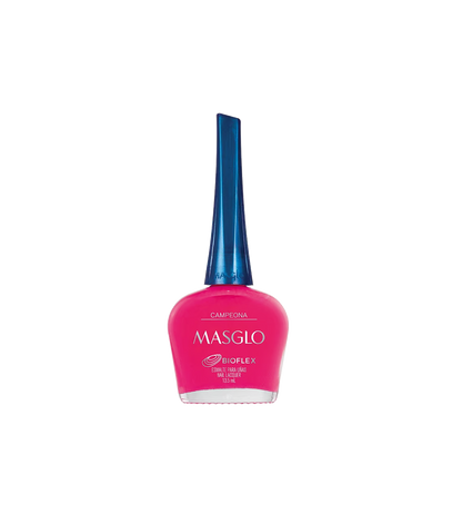 Esmalte Masglo Campeona en tono rosado suave, botella con tapa plateada, vista frontal del producto.