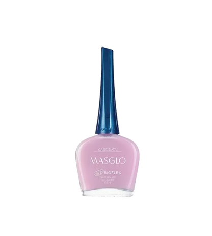 Esmalte Masglo A-F en tono nude, con frasco abierto mostrando el color y el aplicador listo para usar.