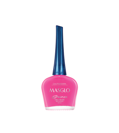 Esmalte Masglo A-F en un frasco con color cautivador, muestra la textura y el diseño del envase del esmalte de la marca Masglo.