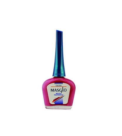 Esmalte Masglo A-F en frasco con tono celosa, color verde azulado, mostrando el envase del esmalte para uñas.