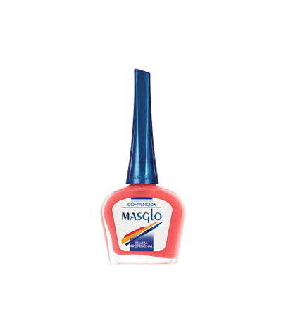 Esmalte Masglo A-F en frasco con color rosado suave, muestra la textura y el diseño del envase de la marca Masglo.