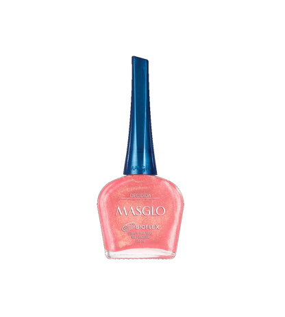 Esmalte Masglo A-F en tono decidida, botellas de esmalte de color rosa intenso y brillo en la imagen.