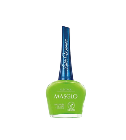 Esmalte Masglo A-F en frasco con color eléctrico brillante y tapa negra, diseñado para uñas con acabado vibrante y duradero.