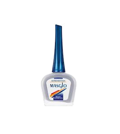 Esmalte Masglo A-F en frasco con tono azul, muestra la textura y color del producto para uñas de la marca Masglo.