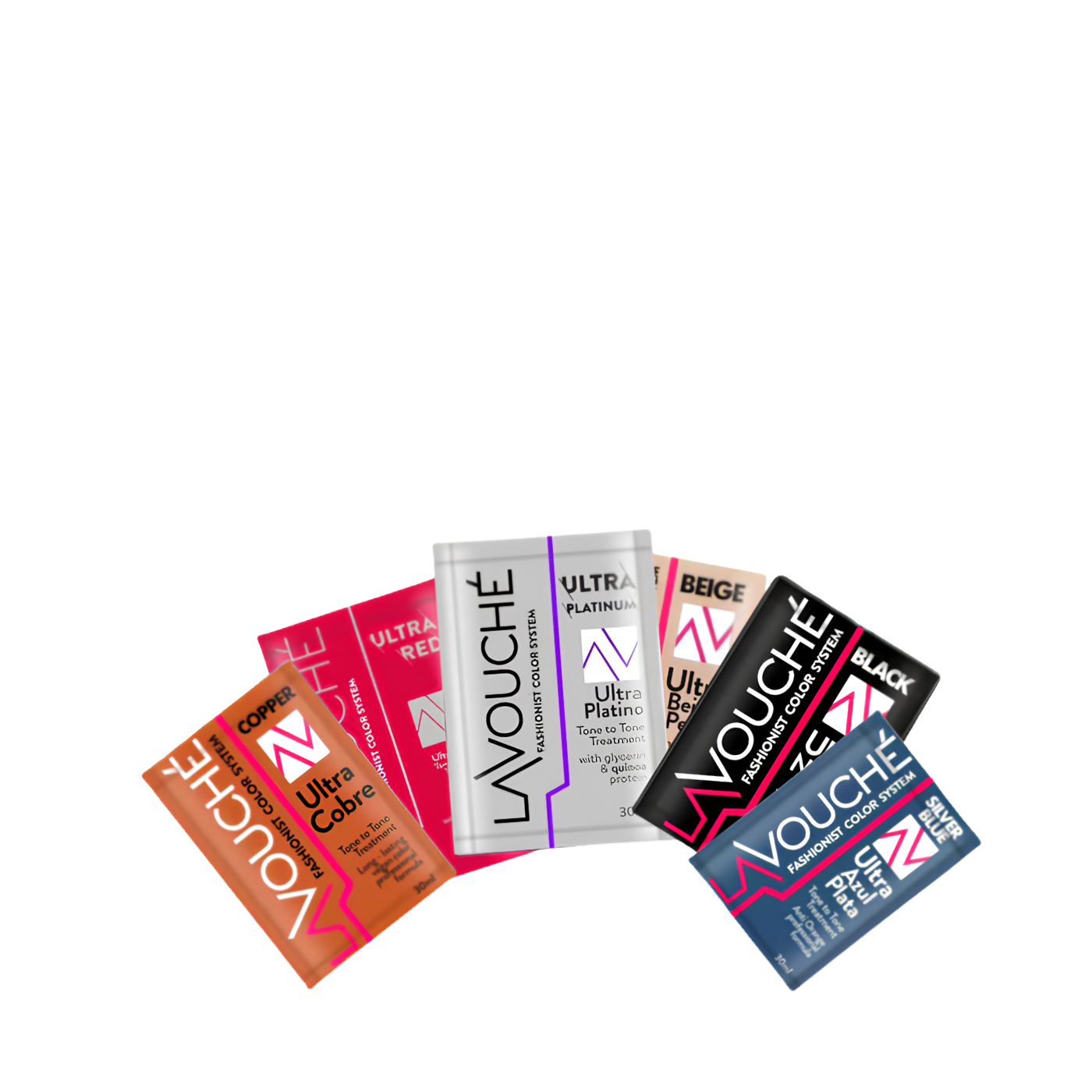 Sachet monodosis del Tratamiento Matizante Lavouche en sus distintas variedades de color, crema capilar correctora e hidratante para el mantenimiento de tonos rubios, oscuros y fantasía.